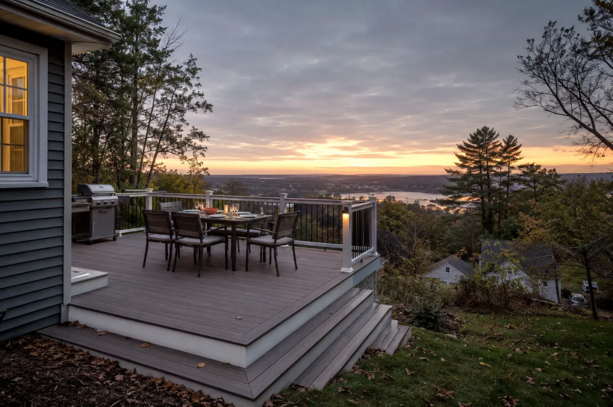 New deck behind a Brewer home facing the river valley at sunset, grill and family table set for dinner