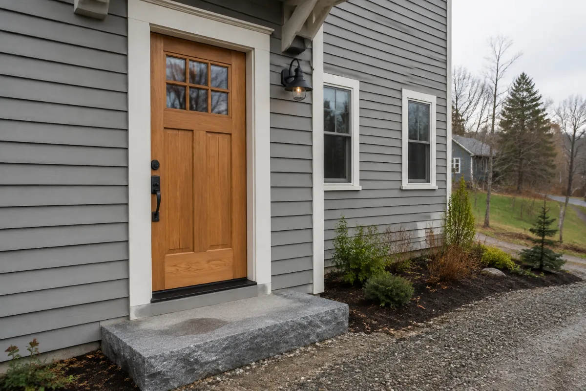 Solid farmhouse-style entry door in warm wood on a Brewer home, granite step and a tidy dooryard