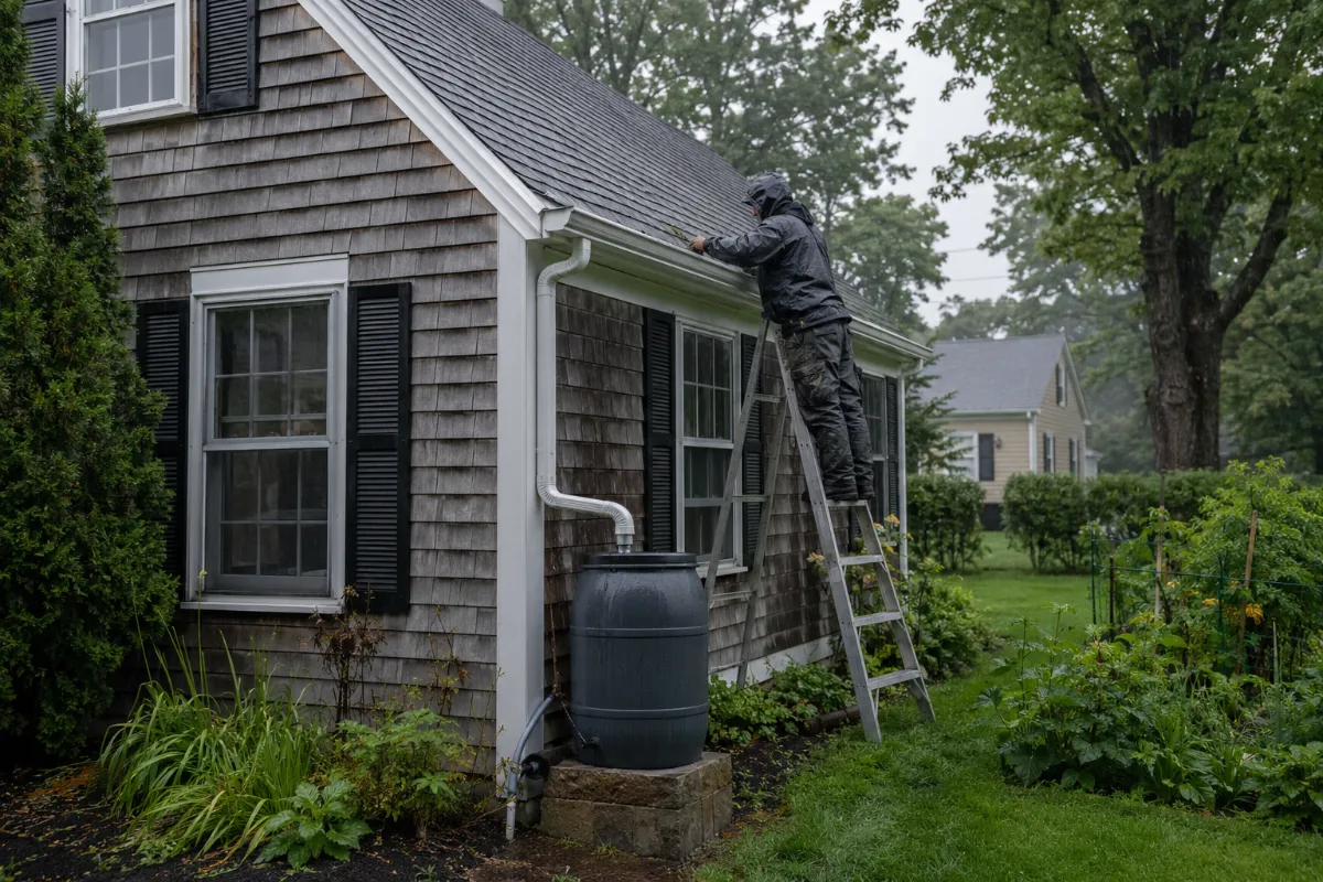 Seamless gutter run being hung on a Brewer cape in light rain, downspout feeding a rain barrel by the garden