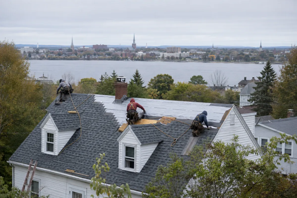 Roofers re-shingling a Brewer cape, the Penobscot River and Bangor skyline in the distance behind them