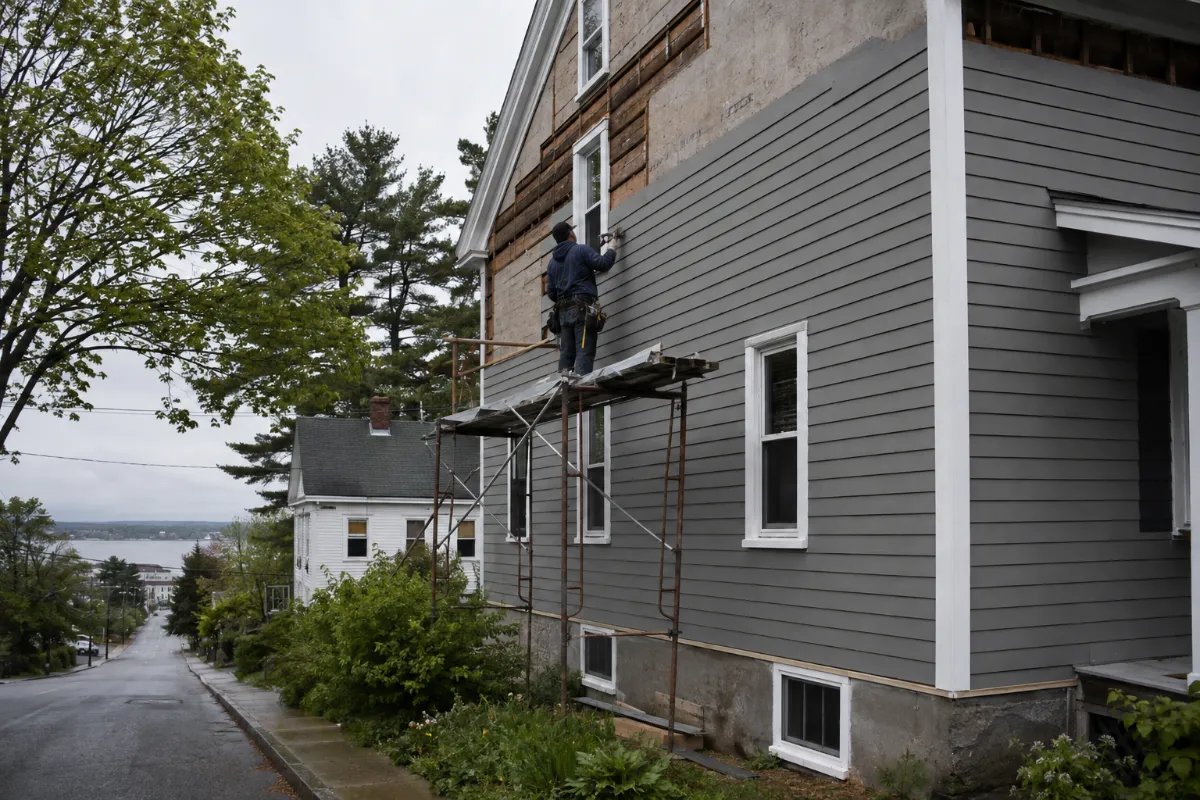 Installer nailing gray clapboard siding with crisp white corner boards on a Brewer New Englander, hillside street
