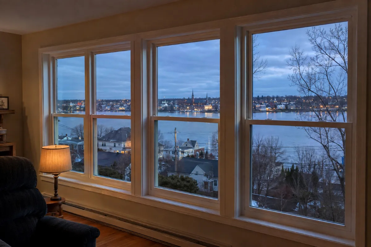 New windows in a Brewer living room framing the Penobscot River and city lights across the water at dusk