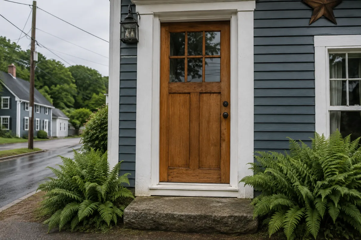 Classic farmhouse entry door in warm wood on a Bucksport village home, granite doorstep and ferns