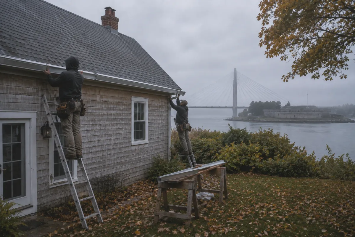 Seamless gutter run being hung on a Bucksport village cape, autumn leaves on the lawn and river mist beyond