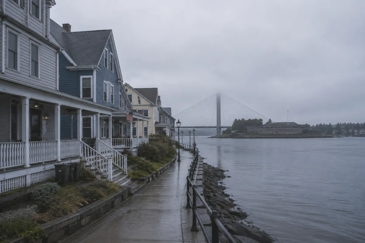 Bucksport Maine waterfront — historic Main Street homes along the Penobscot River walkway, the granite Penobscot Narrows Bridge tower and Fort Knox visible across the water