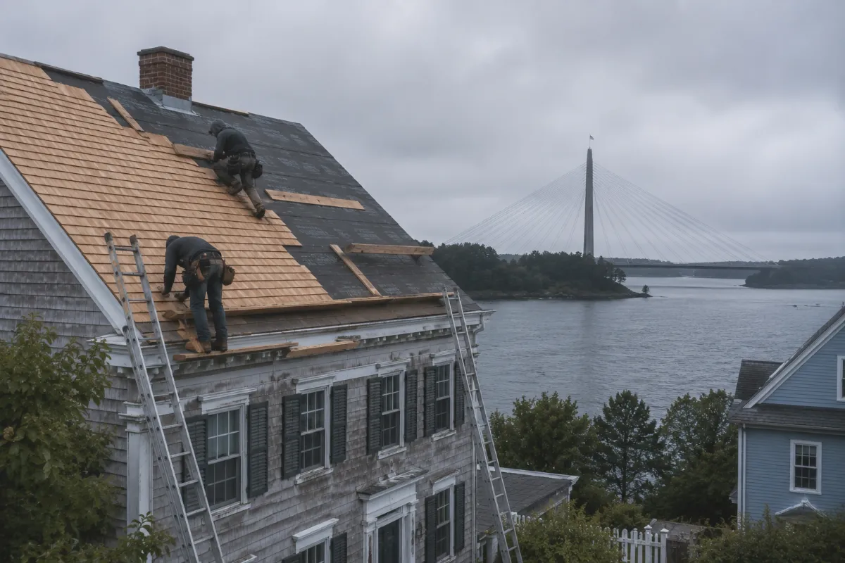 Crew shingling a 19th-century Bucksport home, the Penobscot Narrows Bridge observatory tower rising in the background across the river