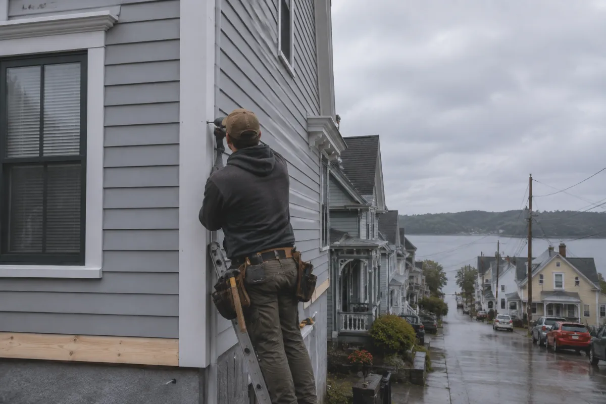Installer refreshing a Bucksport New Englander with new gray clapboard siding and crisp white corner boards, river-town street behind