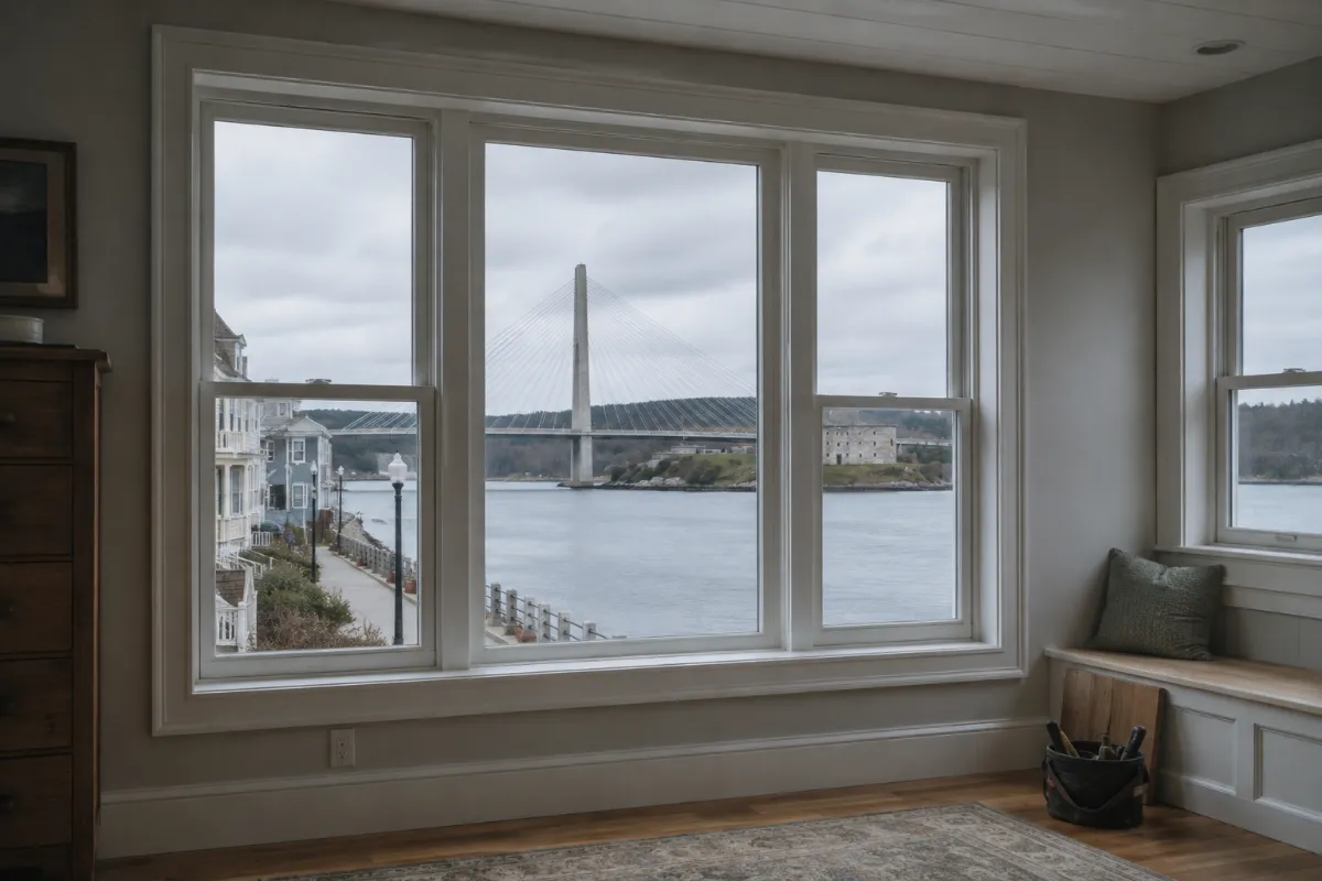 New windows in a Bucksport riverfront home framing the Penobscot River and the granite bridge tower