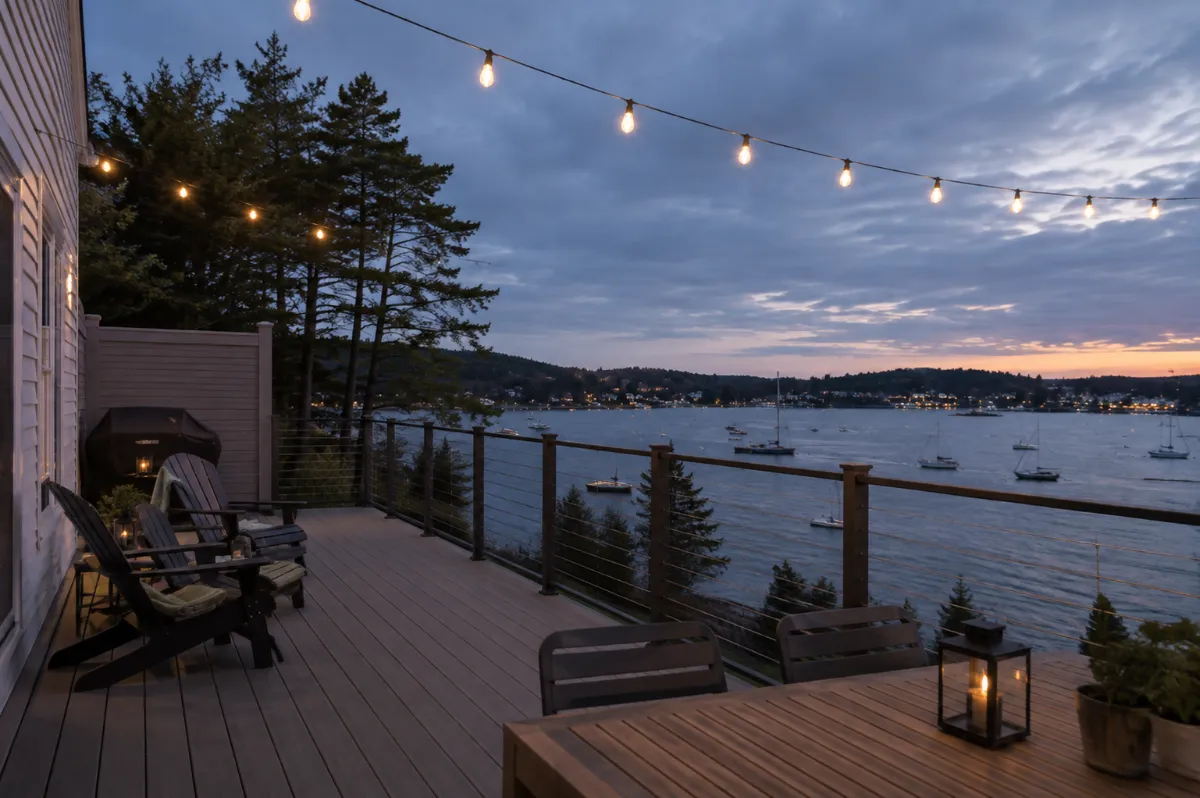 Composite deck with slim cable railings overlooking Camden harbor at evening, schooner silhouettes at anchor, string lights