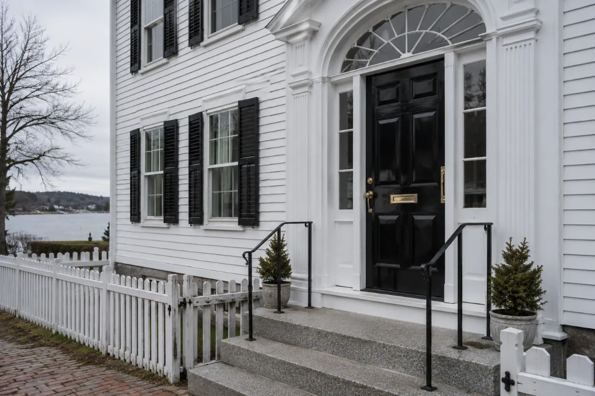 Glossy black paneled front door with polished brass hardware and fanlight transom on a white Federal-style Camden home, granite steps and picket fence