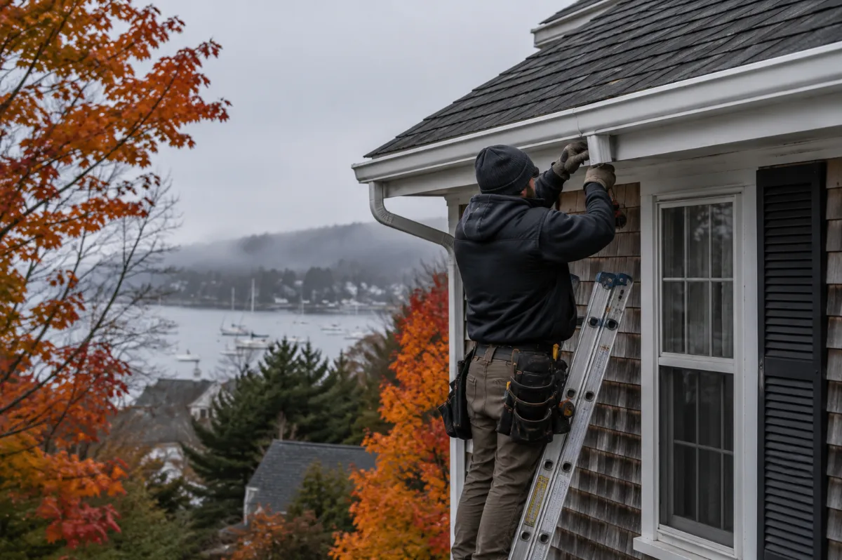 Installer running seamless white gutters along the eave of a Camden cape, flaming autumn maples and harbor mist behind
