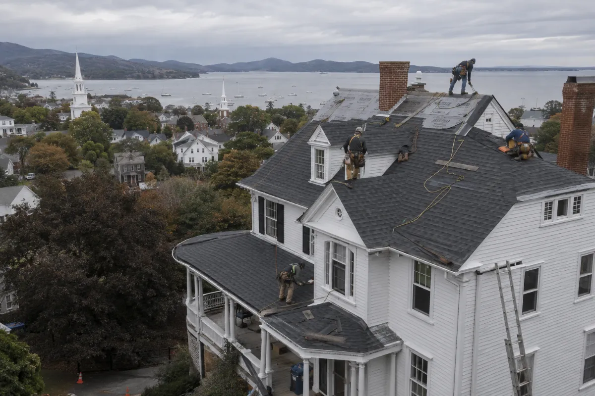 Roofing crew installing charcoal architectural shingles on a stately white captain's home in Camden, harbor masts and Penobscot Bay visible beyond the ridge line