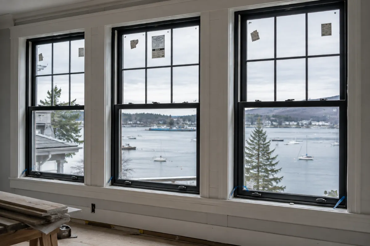 New black-frame double-hung windows in a Camden harbor-front home, sailboats at their moorings visible through the glass