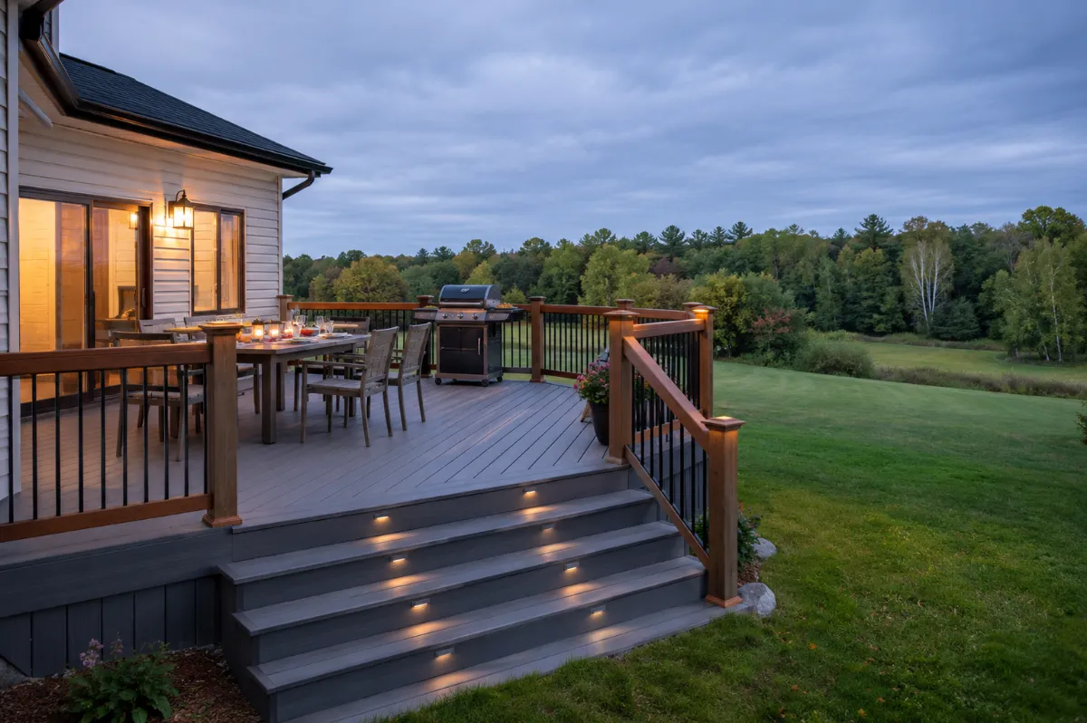 Large new family deck on a Hermon home overlooking a big backyard toward the treeline, evening cookout light