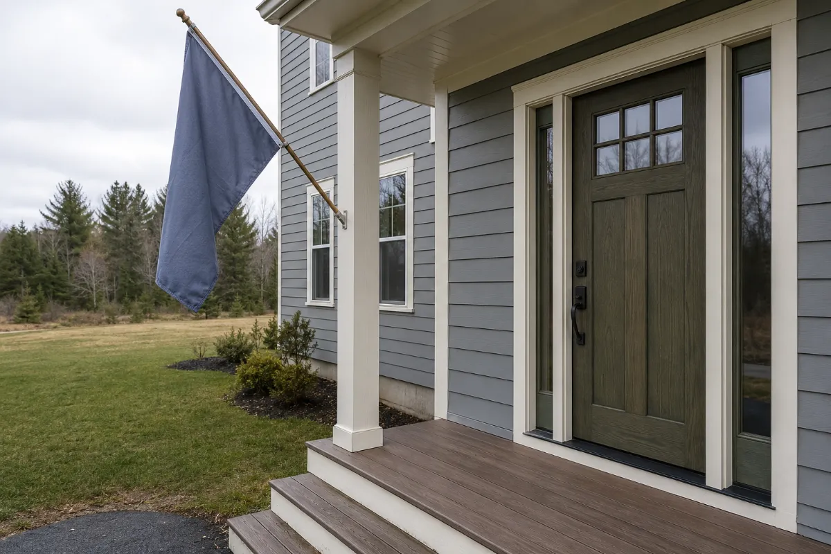 Modern farmhouse entry door with matte black hardware on a Hermon colonial, flag on the porch post