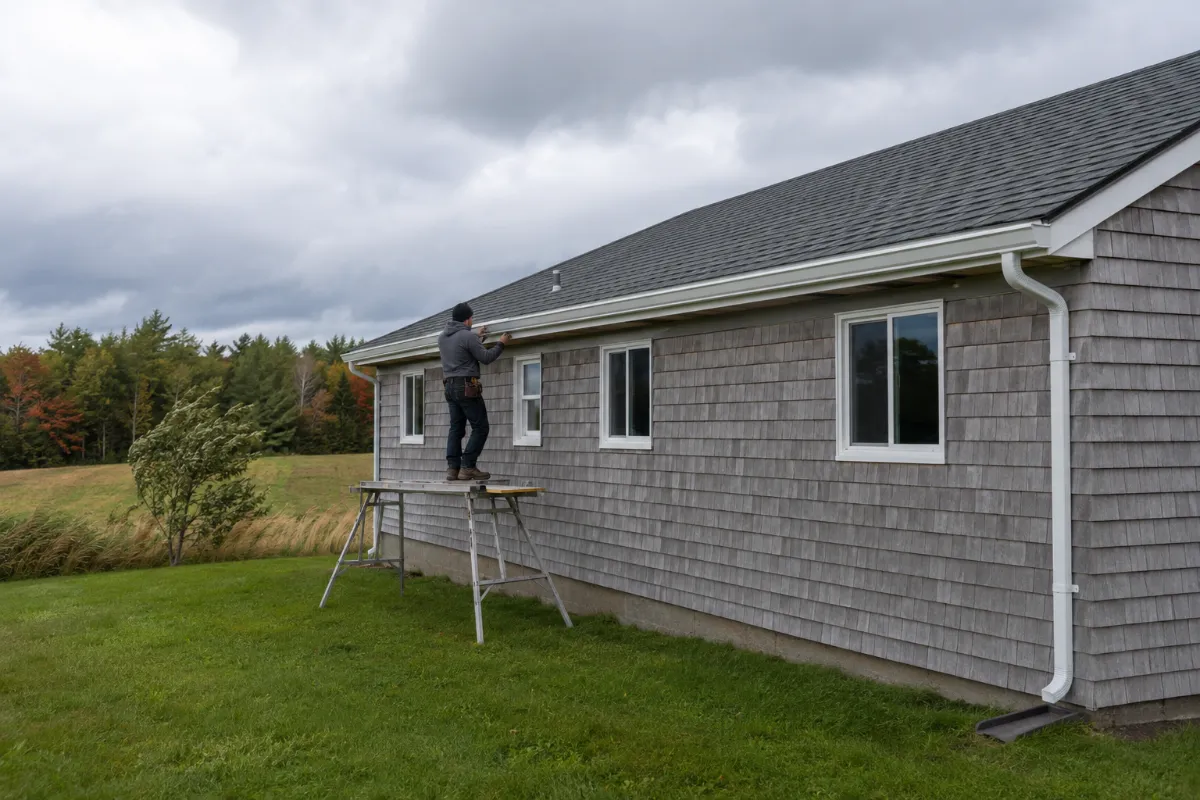 Installer running a long seamless gutter along a Hermon ranch's eave on an open windy lot, downspouts anchored tight