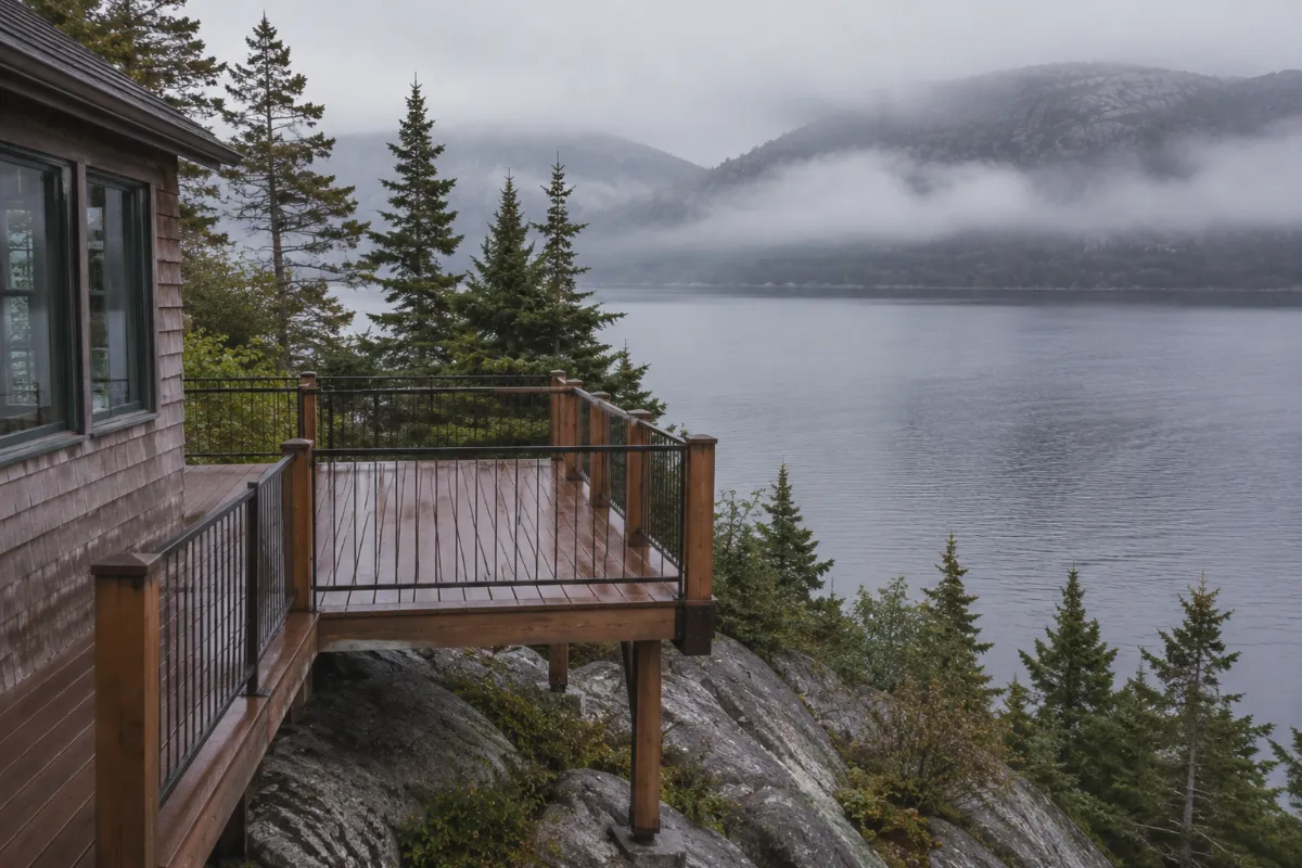 Deck built out over a granite ledge above Somes Sound on Mount Desert Island, mist moving through spruce, still water below