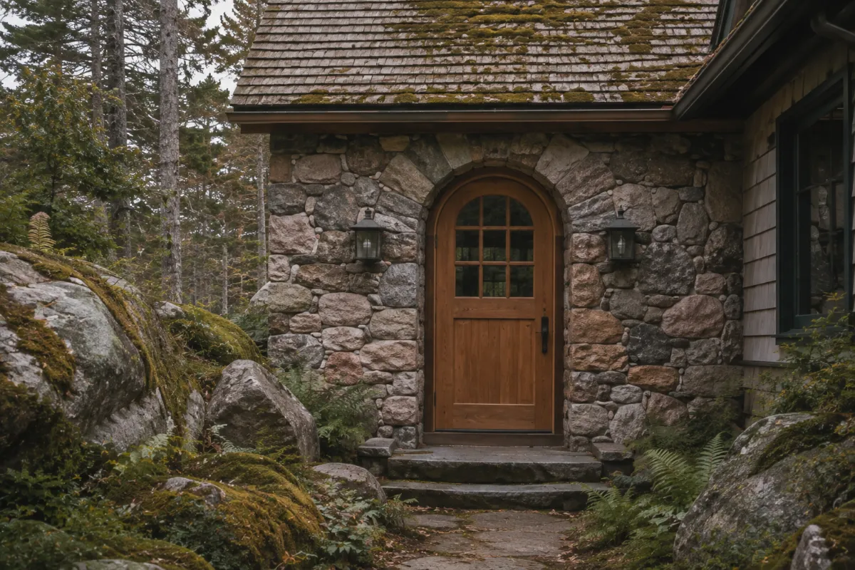 Arched wood entry door set in the stone entryway of a Mount Desert Island cottage, moss, ferns, and pink granite