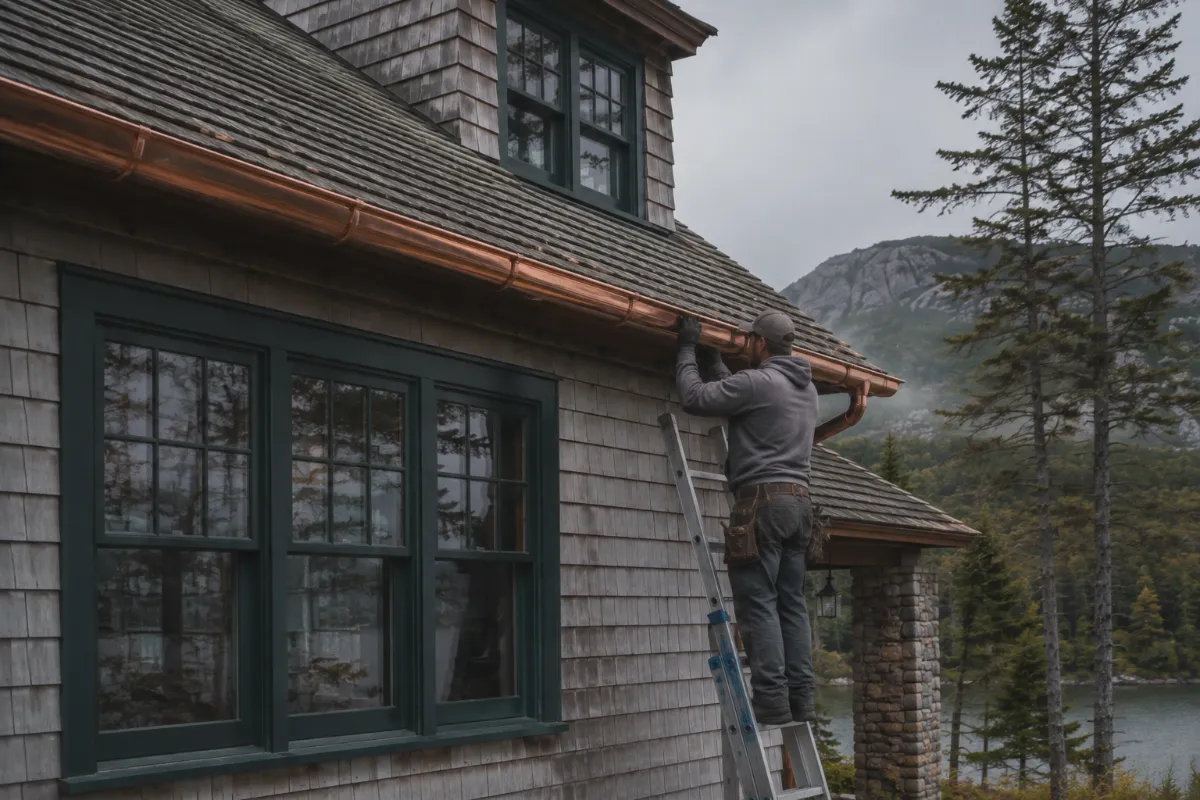 Copper half-round gutters being installed on a Mount Desert Island shingle-style home, warm copper against weathered cedar