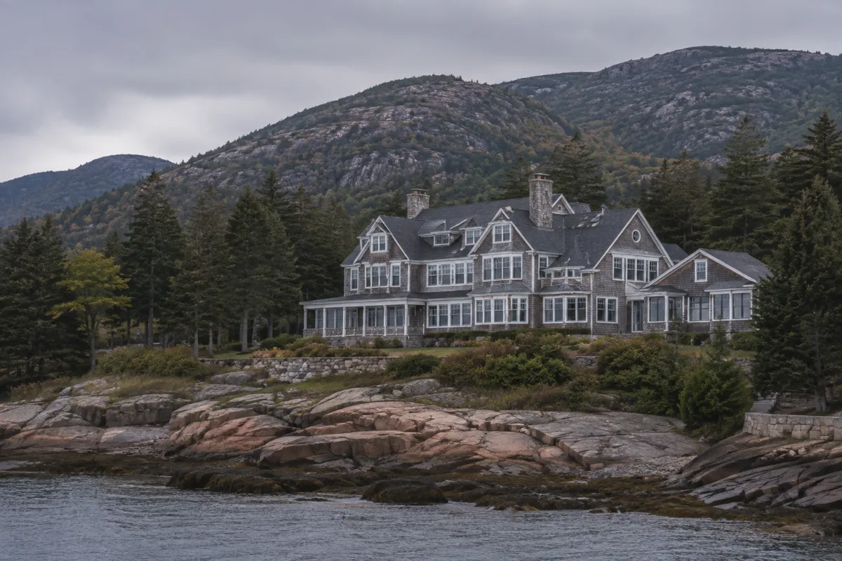 Shingle-style Mount Desert Island estate above Somes Sound, pink granite shoreline and spruce-fir forest, Acadia's rounded mountains behind