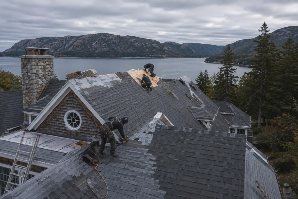 Roofing crew working the broad roof of a Mount Desert Island estate, the fjord of Somes Sound and granite mountains beyond