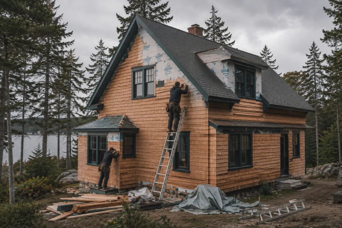Cedar shingle siding installation on a Northeast Harbor-style shingle cottage, coppery fresh cedar against deep green spruce
