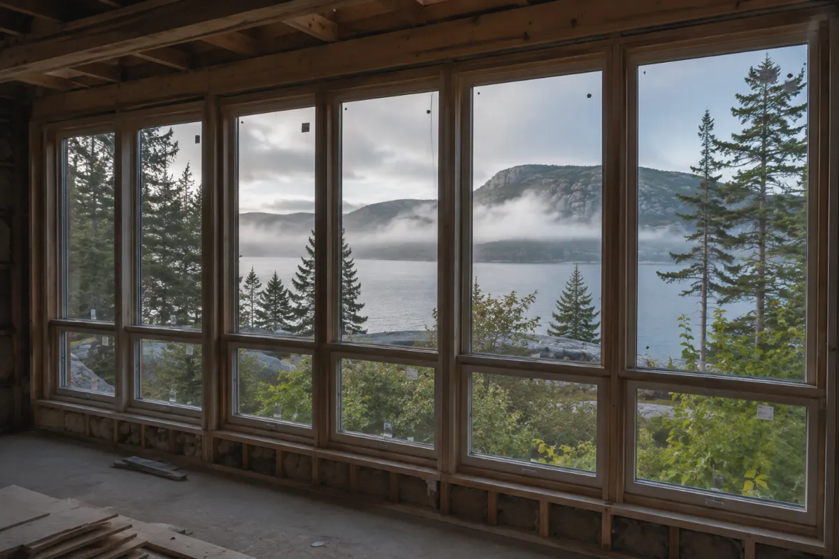 Wall of new windows in a Mount Desert Island living room framing Somes Sound and granite ledges, morning fog on the water