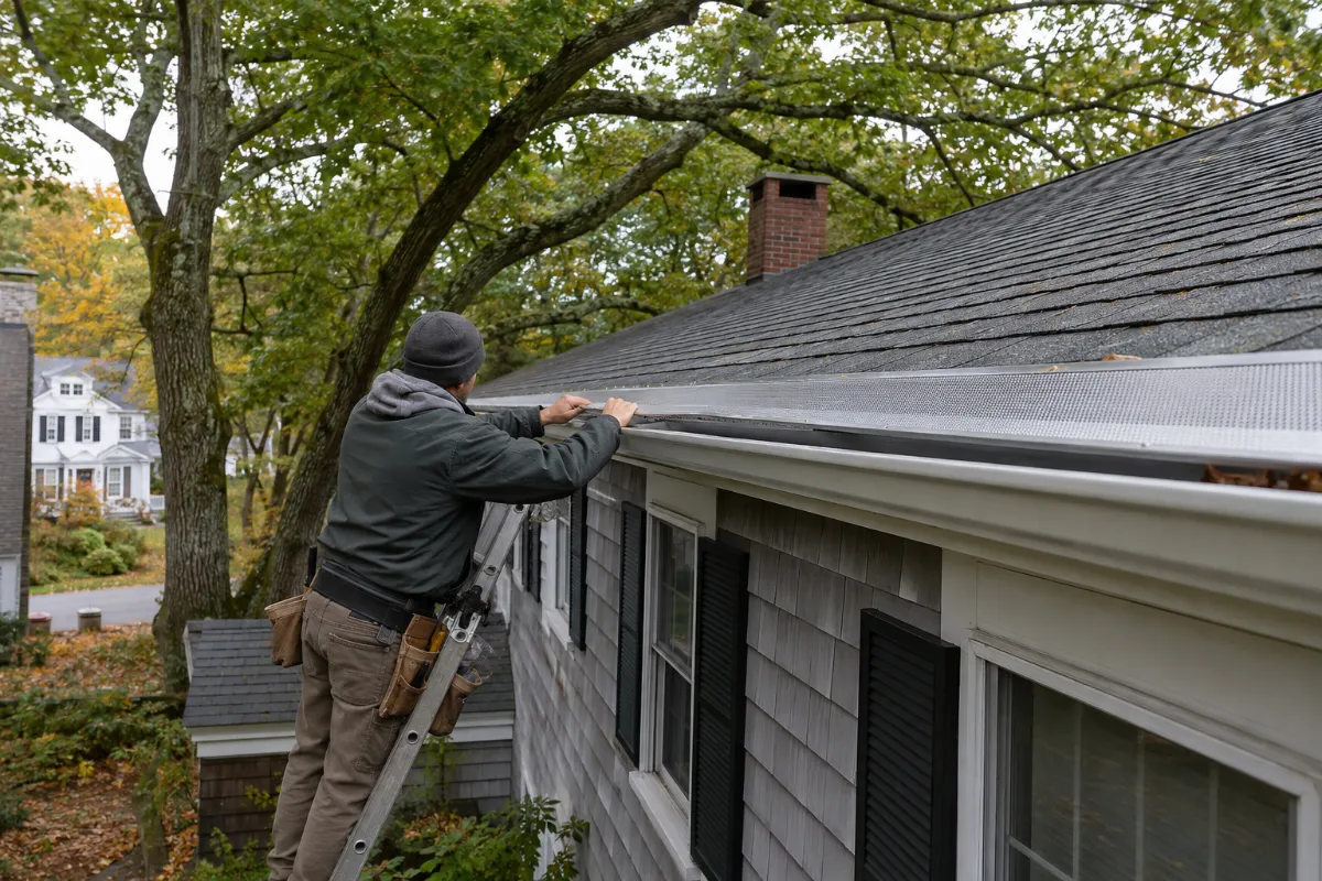 Gutter installer working under mature oaks at an Orono home, leaf guards going onto a fresh seamless run