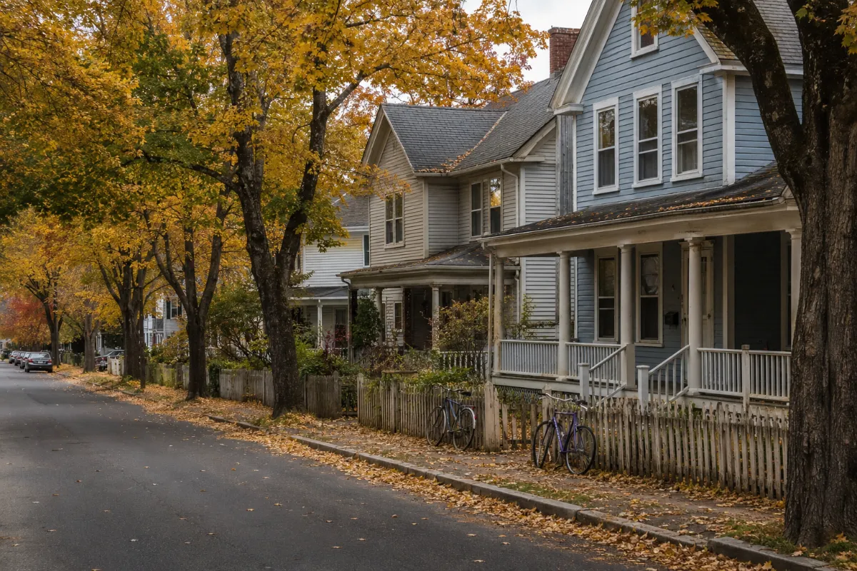 Tree-lined Orono Maine street of historic clapboard homes with deep porches near the university, bicycles against a picket fence, golden fall light