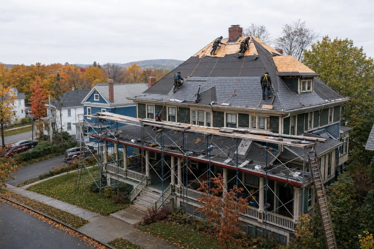 Crew re-roofing a big American foursquare in Orono, staging set around a wide front porch, autumn campus-town street below