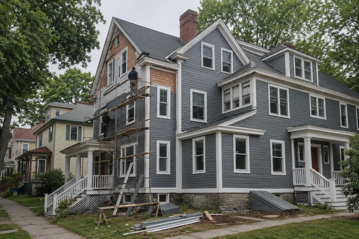 New low-maintenance siding going up on a large Orono home with an apartment ell, crisp white trim, leafy street