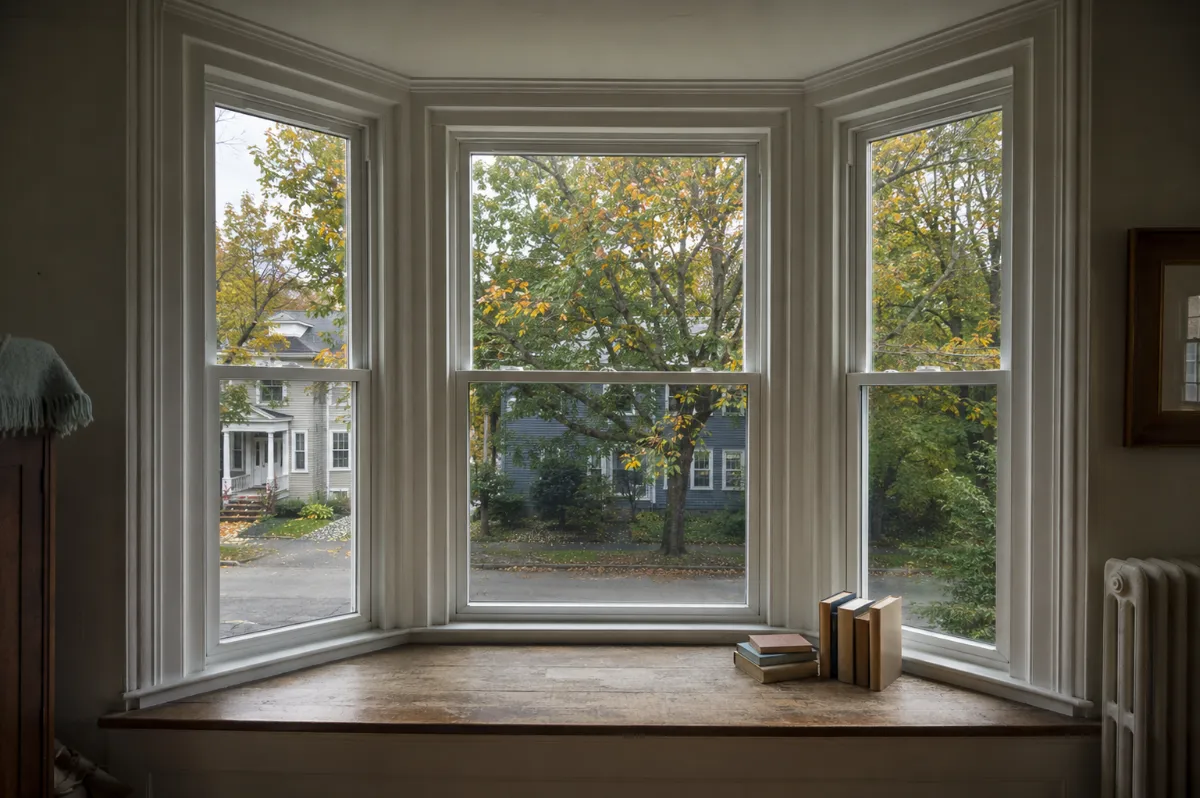 New energy-efficient windows in an Orono home's bay window, books on the sill, maples turning outside