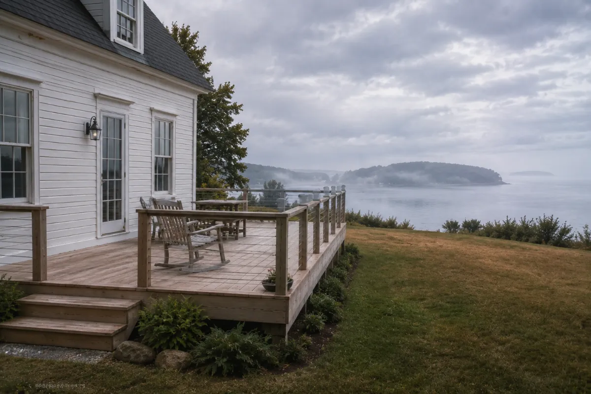 New farmhouse deck behind a Searsport home, field grass running down to Penobscot Bay, morning fog burning off
