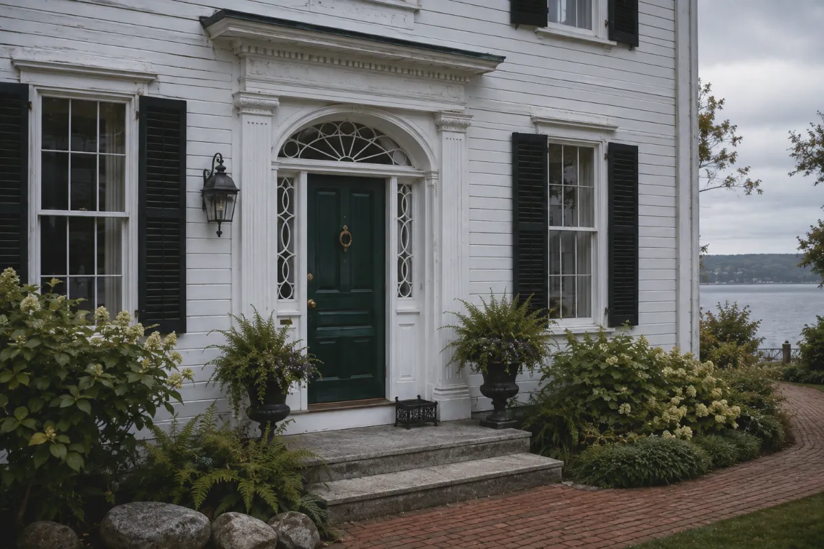 Federal-style Searsport doorway with fanlight transom and sidelights, fresh deep-green door, brick walk and iron boot scraper
