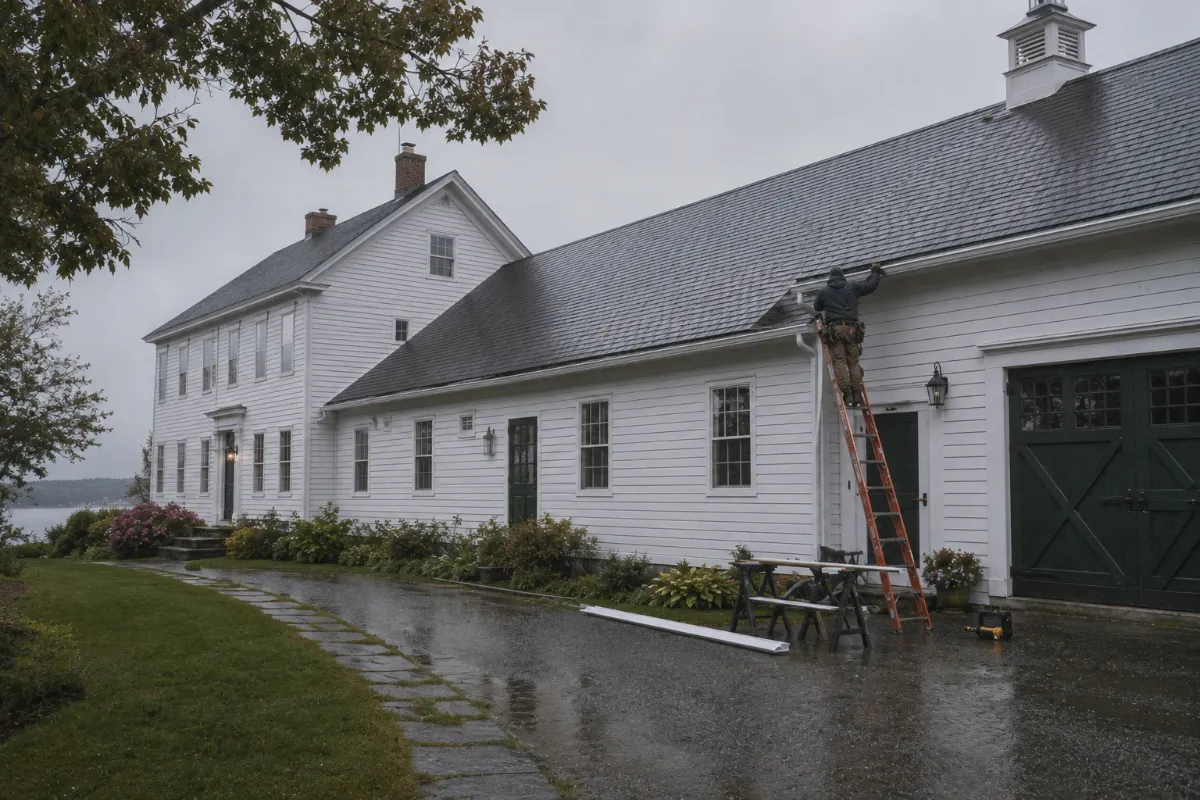 Installer hanging gutters along the long connected ell and barn of a Searsport farmhouse in light coastal rain