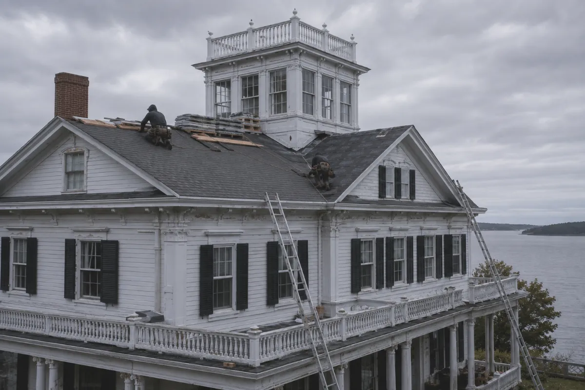 New architectural shingle roof going onto a Searsport captain's mansion, cupola and widow's walk against a pewter coastal sky