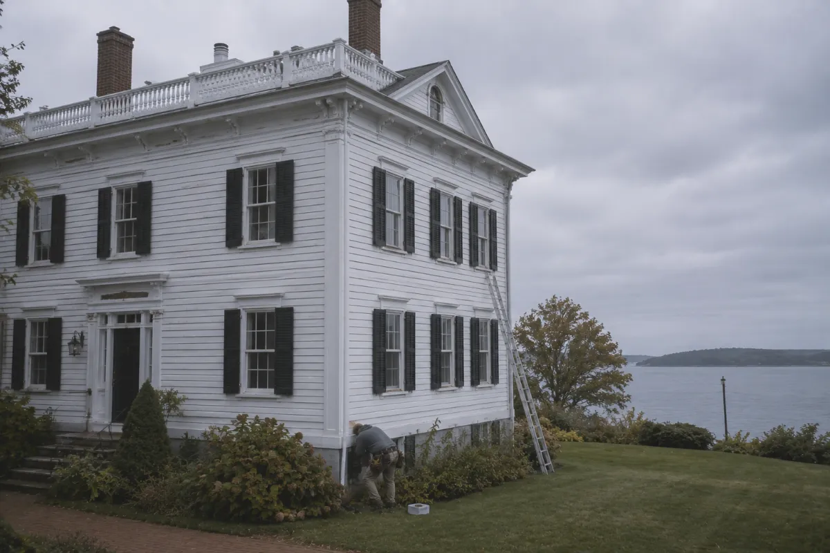 Restoration-quality white clapboard siding on a Searsport captain's home, black shutters rehung, Penobscot Bay in the distance