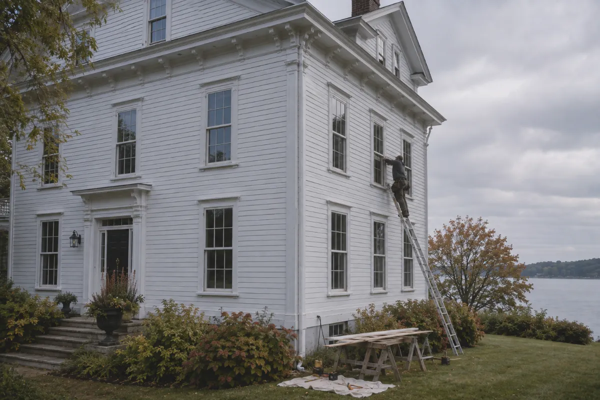 Tall new double-hung windows on a Searsport sea captain's mansion, period character kept, soft bay light