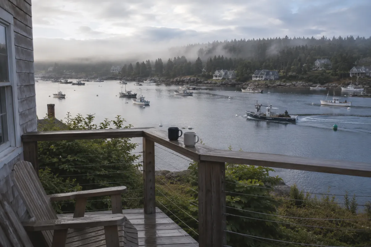 Small deck overlooking Southwest Harbor as morning fog lifts, coffee mugs on the rail, workboats heading out