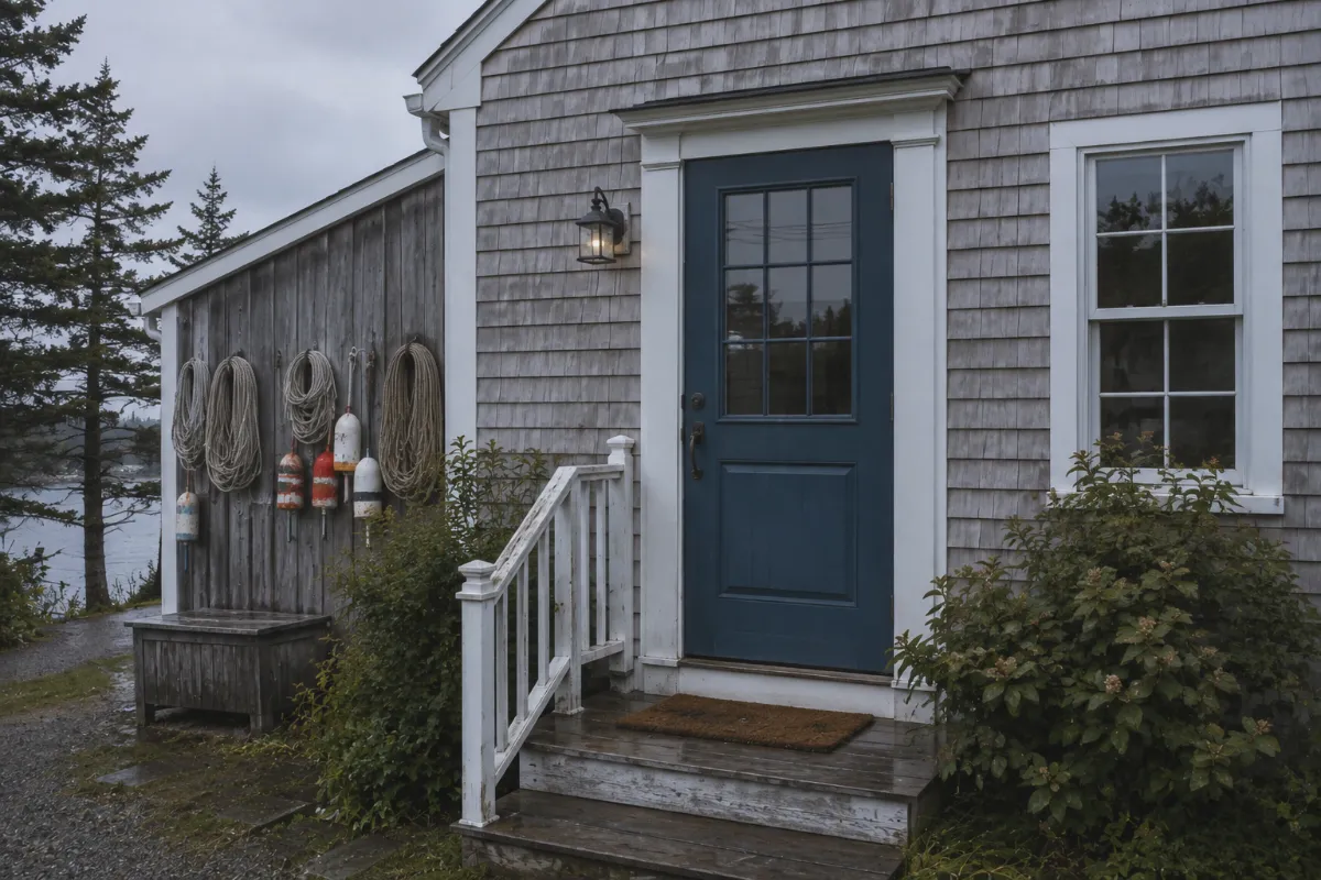 Cottage entry door painted ocean blue on a shingled Southwest Harbor cape, coiled line and buoys hung neatly by the shed