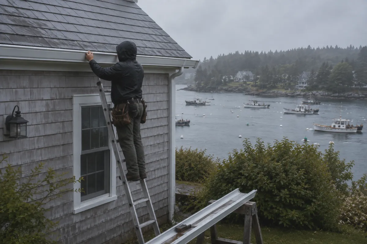 Installer hanging seamless gutters on a Southwest Harbor cape in coastal drizzle, gray-green harbor water behind