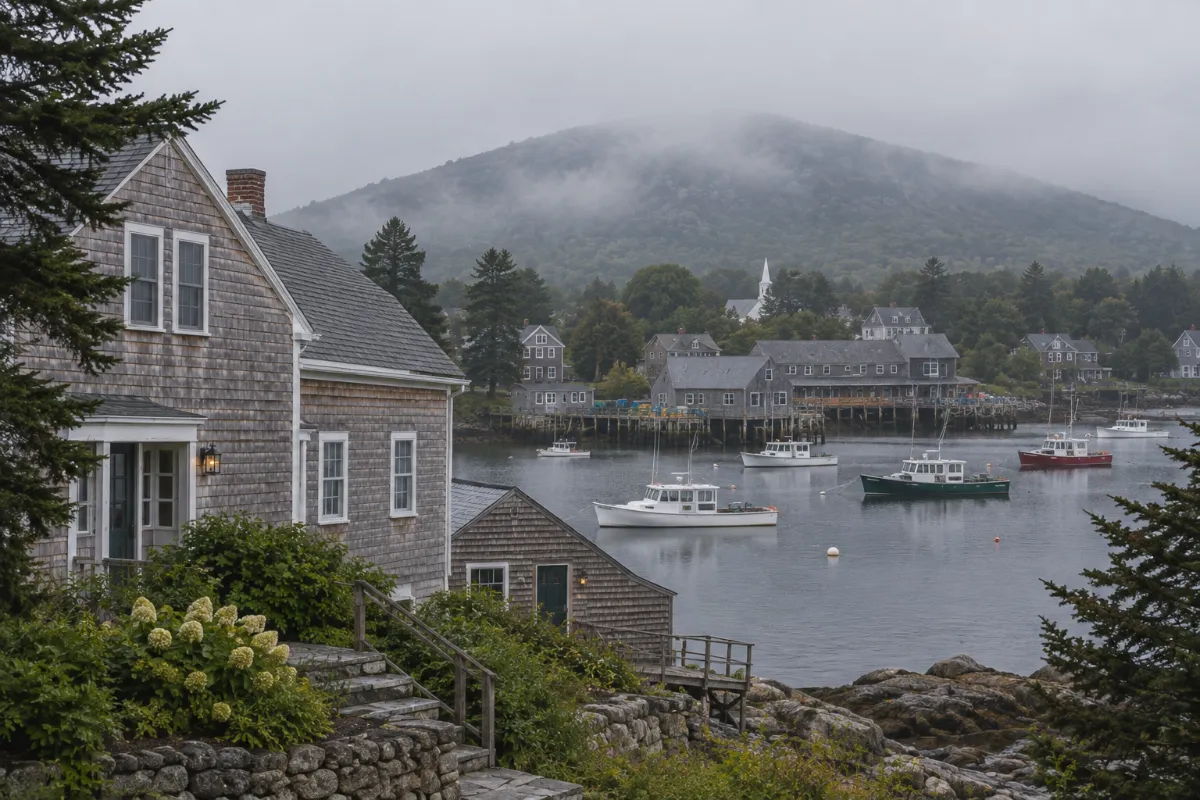 Cedar-shingled capes above the working harbor of Southwest Harbor Maine, lobster boats at their moorings, morning fog on the quiet side of Mount Desert Island