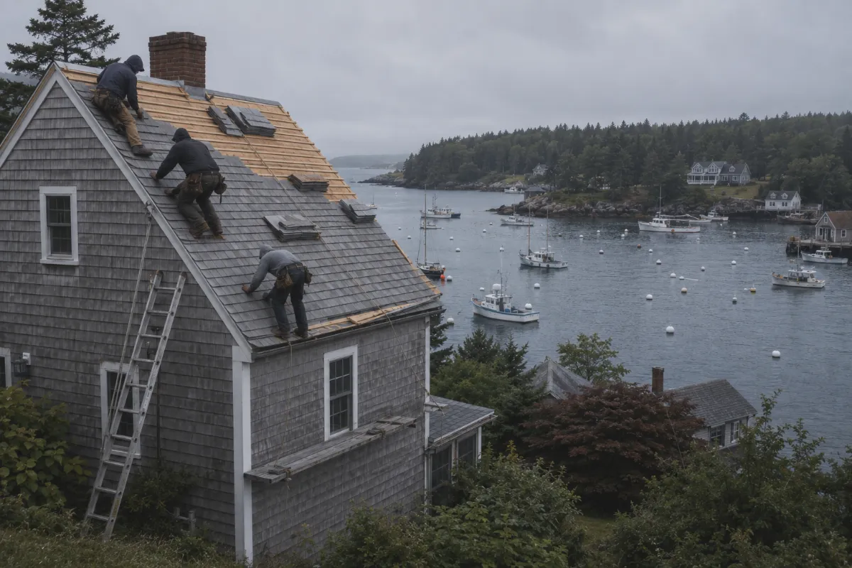 Crew shingling a harborside cape in Southwest Harbor, lobster boats and mooring floats visible in the harbor below