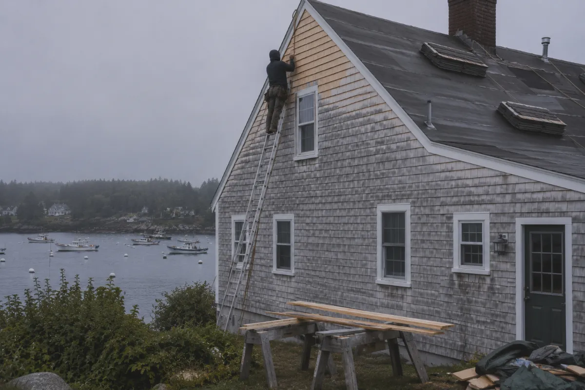 White cedar shingles weathering to silver on a Southwest Harbor fisherman's cape, fresh courses being nailed at the gable
