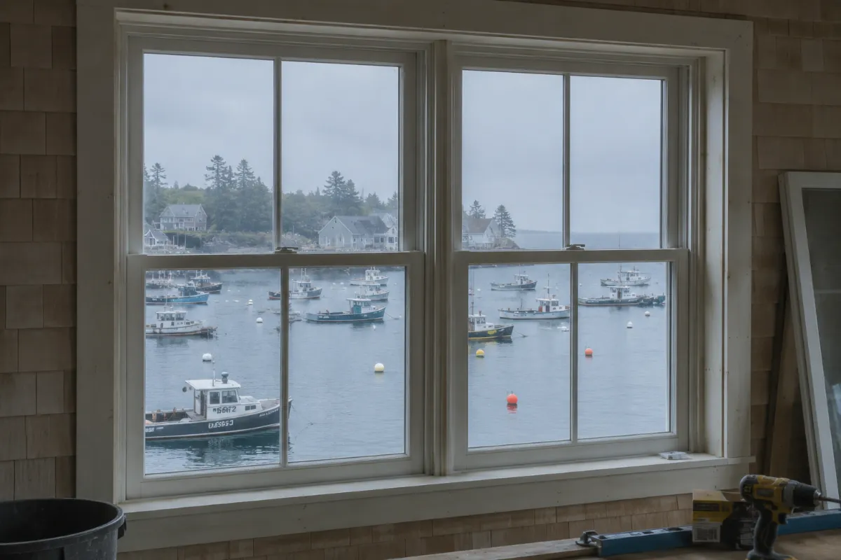 New windows in a Southwest Harbor cottage framing lobster boats at their moorings, colorful buoys and workboats beyond
