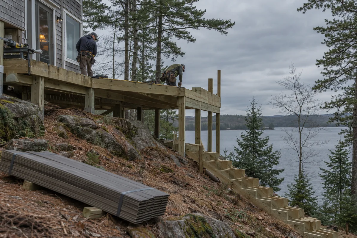 Two carpenters framing a new deck behind a year-round pond house in Holden Maine: pressure-treated joists on posts, a set of stairs stepping down the slope toward the shore, composite decking stacked nearby, Fields Pond flat and gray beyond the pines. Camera on the slope below looking up at the framing. No finished railing, no people on the water