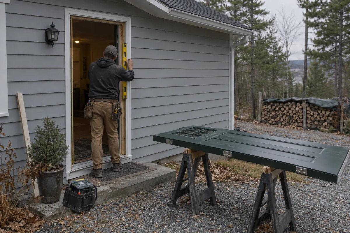 Carpenter fitting a new dark green fiberglass entry door into the side entry of a ranch house on a wooded lot in Holden Maine. Camera stands on the gravel driveway looking straight at the doorway; the worker, seen from behind, holds a level against the door jamb while shimming it; the door slab rests on sawhorses beside the step; pines and a woodpile behind. No deck, no railing, no water in frame