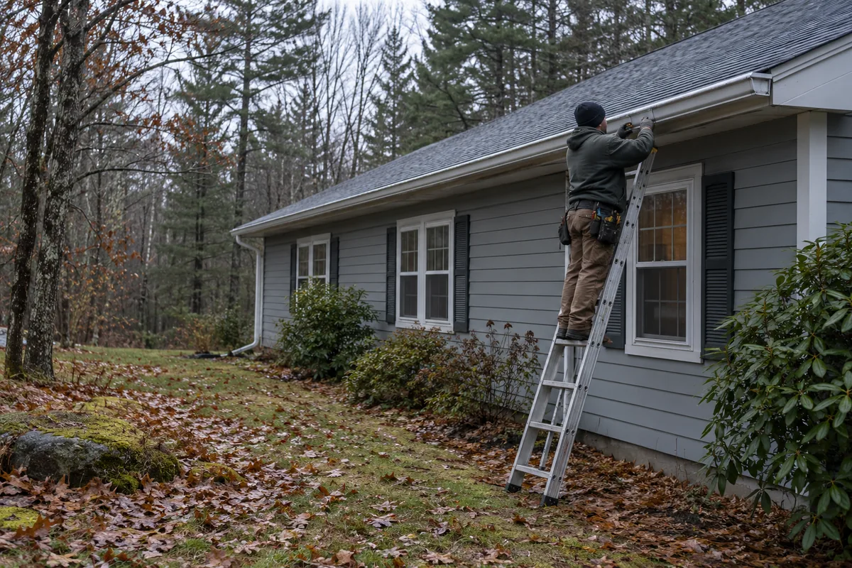 Installer on a ladder hanging a long seamless aluminum gutter run along the eave of a single-story ranch on a wooded lot in Holden Maine, a downspout already dropped at the corner running toward the tree line, wet leaves on the lawn in late fall. Camera on the lawn looking along the eave. No water body, no deck