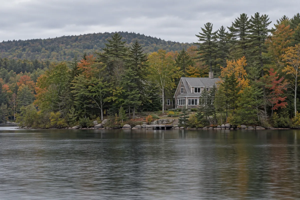 Holden Maine seen from the shore of Holbrook Pond in early autumn: a year-round pond-side home with a gray shingled roof and cedar-shingle walls among pines and hardwoods on the wooded far shore, low wooded hills behind, still gray water in front, a small dock at the water's edge. No bridge, no boats with lettering, no people