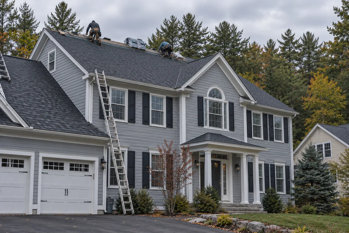 Roofing crew installing charcoal architectural shingles on a two-story colonial in a newer subdivision in Holden Maine. Camera stands in the driveway looking up; two workers on the roof, seen from behind, nailing a course near the ridge, a bundle of shingles beside them, tall pines and a neighboring house behind. No deck, no water in frame